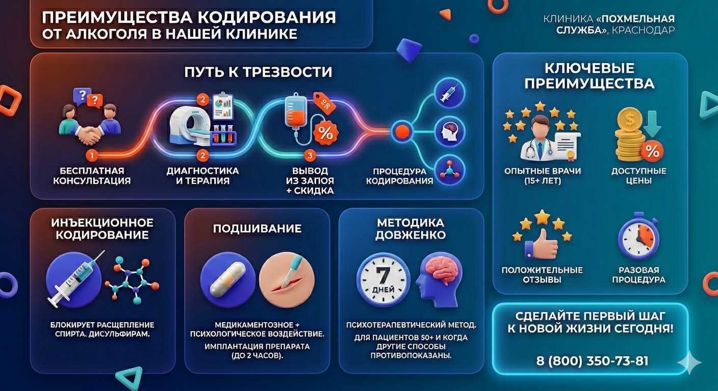Инфографика о методах кодирования от алкоголя в Петрозаводске: инъекции, подшивание, метод Довженко. Преимущества клиники и этапы лечения.