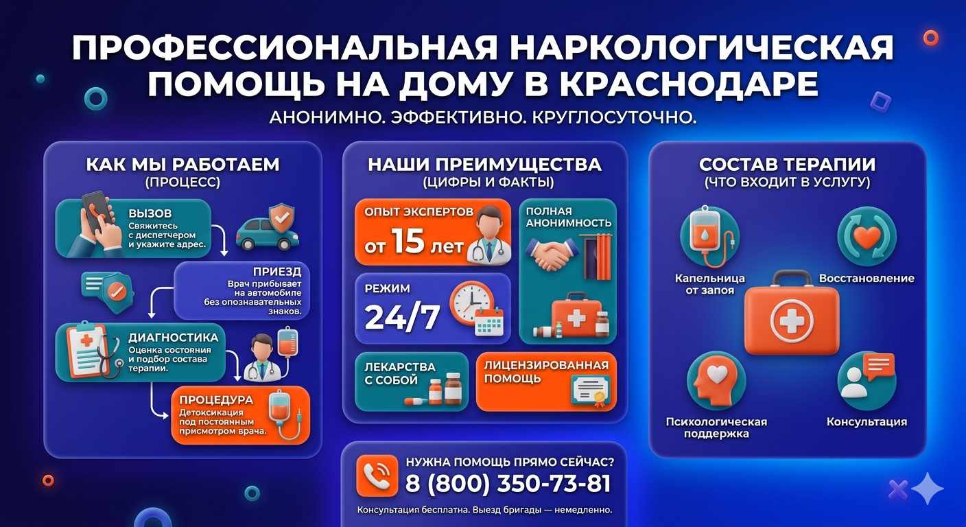 Инфографика о принципах лечения алкоголизма на дому в Петрозаводске: этапы вызова нарколога, преимущества анонимной детоксикации и состав медицинской помощи.